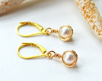 Small gold earrings: Dainty pearl earrings, Tiny dangle drop, Handmade jewelry, Sterling silver dangling