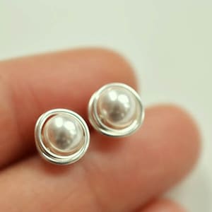 Pearl Stud Earrings: Sterling Silver, 14K yellow / rose gold, Bridesmaids Jewelry, Wedding favors, Hypoallergenic