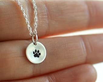 Sterling Silver Paw Print Necklace: Tiny pet pendant, Hand stamped, Dog lovers, Sympathy jewelry