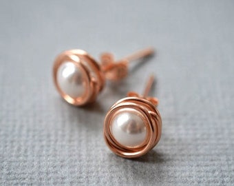 Rose gold pearl studs: Everyday earrings, Bridesmaids jewelry gifts, Sterling silver, 14k gold filled
