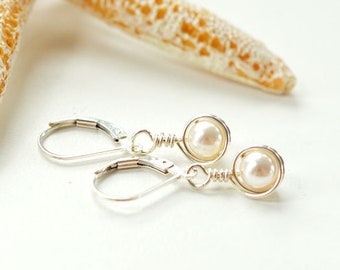 Sterling silver pearl earrings leverback earrings with pearls lever back earrings bridesmaids earrings small dangle earrings Preciosa pearls