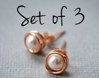SET OF THREE pairs: Gold pearl studs, Minimalist sterling silver Bridesmaids earrings, Wedding jewelry