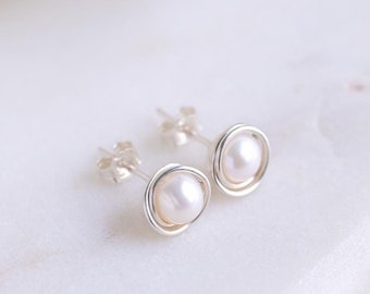 Real pearl studs: Sterling silver & 14k gold stud earrings, Freshwater pearl earring, wedding jewelry
