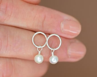 Pearl earrings: Small sterling silver dangles, Freshwater pearls earrings, Jewelry anniversary gift for her