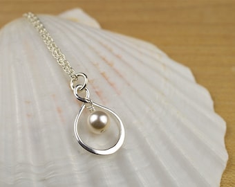 Infinity necklace dainty necklace sterling silver eternity charm Swarovski white pearl friendship jewelry gift for sister mother's necklace