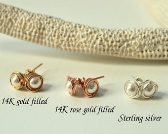 THREE pairs pearl studs: Yellow / Rose gold, Sterling silver, Hypoallergenic, Bridesmaids jewelry, Wedding favors