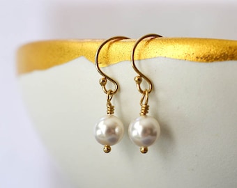 Small gold pearl earrings: Tiny dangles, Bridesmaid earrings Leverbacks, Bridesmaids jewelry gift for her