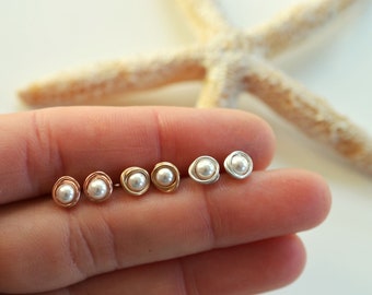 Tiny pearl studs sterling silver stud earrings 14K gold filled studs small pearl post earrings tiny studs pearl earrings handmade earrings