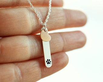 Paw print necklace: Dog lover gift, Cat lovers, Sterling silver & Rose gold Heart charm
