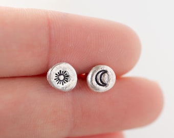 Sun & Moon studs: Mini sterling silver earrings, Minimalist celestial jewelry, Tiny crescent moon posts