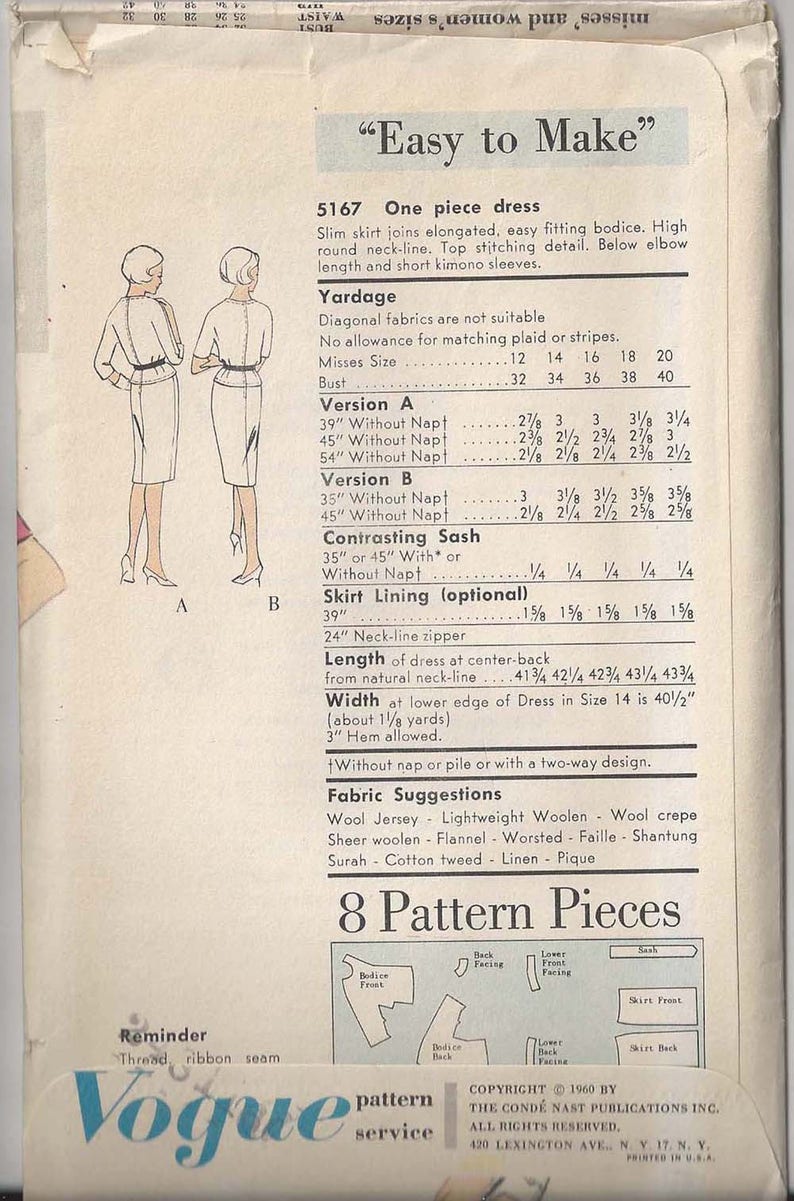 Vintage Vogue dress Pattern 5167 Easy to Make with topstitching detail Slit Neckline detail Size 16 Bust 36 Hip 38 Factory Folds 1960 image 2