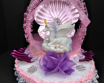 Beautiful original baby shower girl unicorn cake topper party celebration table centerpiece decoration baptism first communion favor.