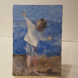 Small Boy having Fun at Beach Miniature Impressionist, Abstract Art