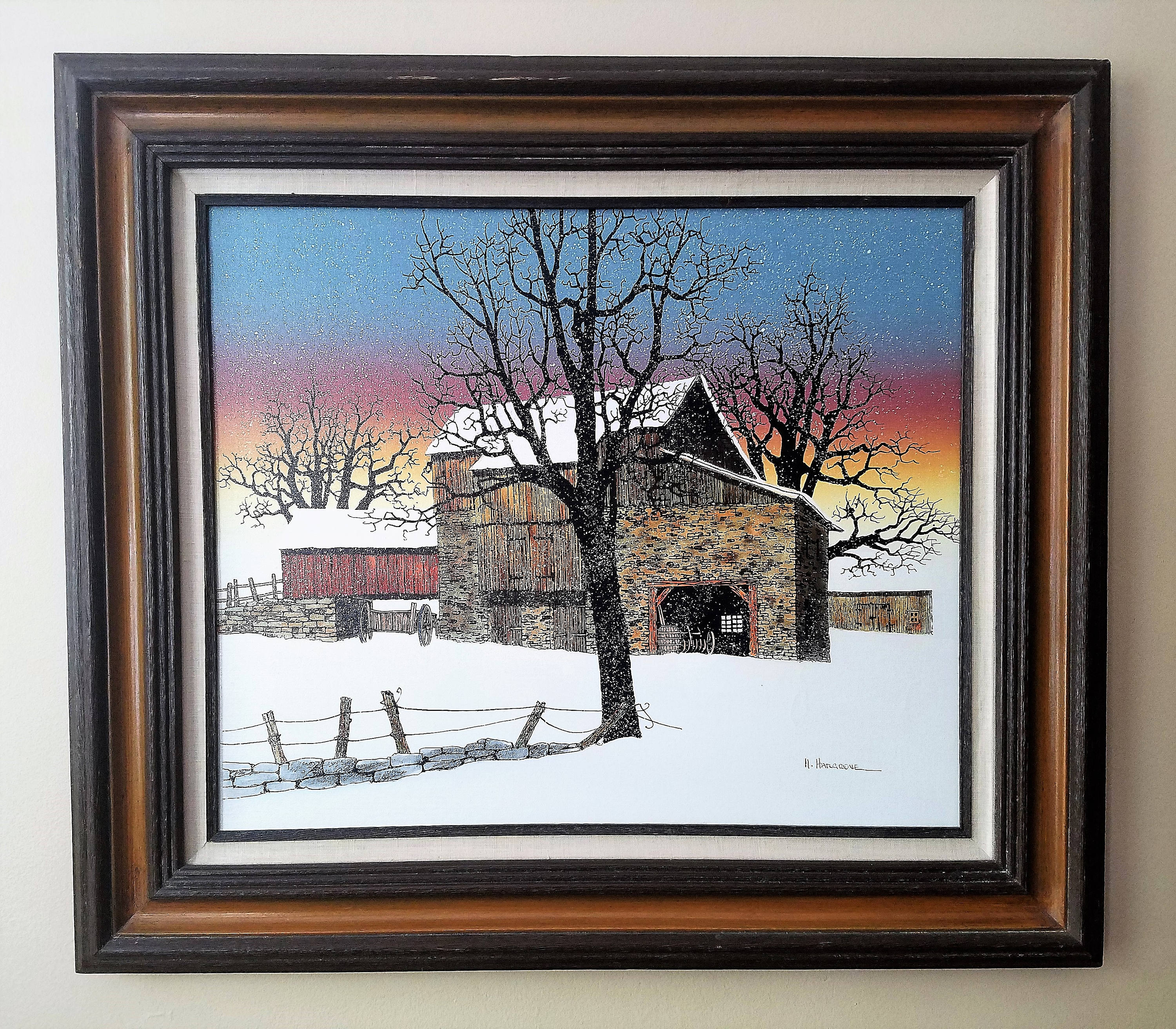 Vintage Americana H Hargrove Barn Under Blue Winter Sky