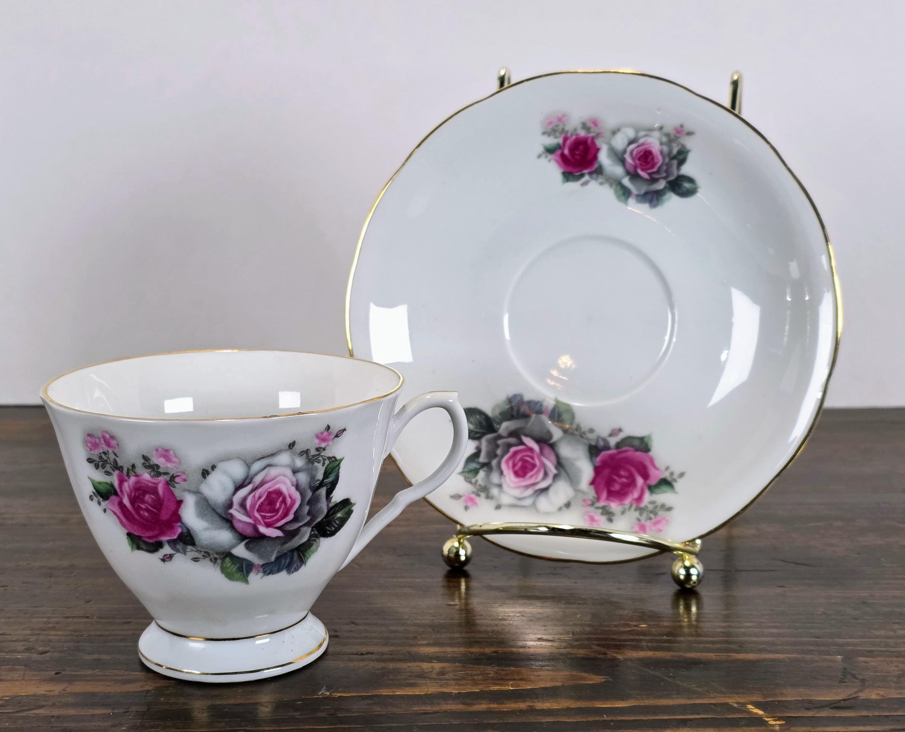 Pink Rose Porcelain Footed Tea Cup and Saucer by Yong Sheng - Etsy display picture 1