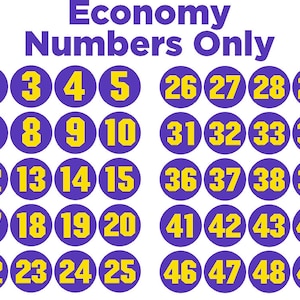 May include: A set of 50 purple and yellow circles with numbers 1 through 50 printed in yellow. The text "Economy Numbers Only" is printed in purple at the top of the image.