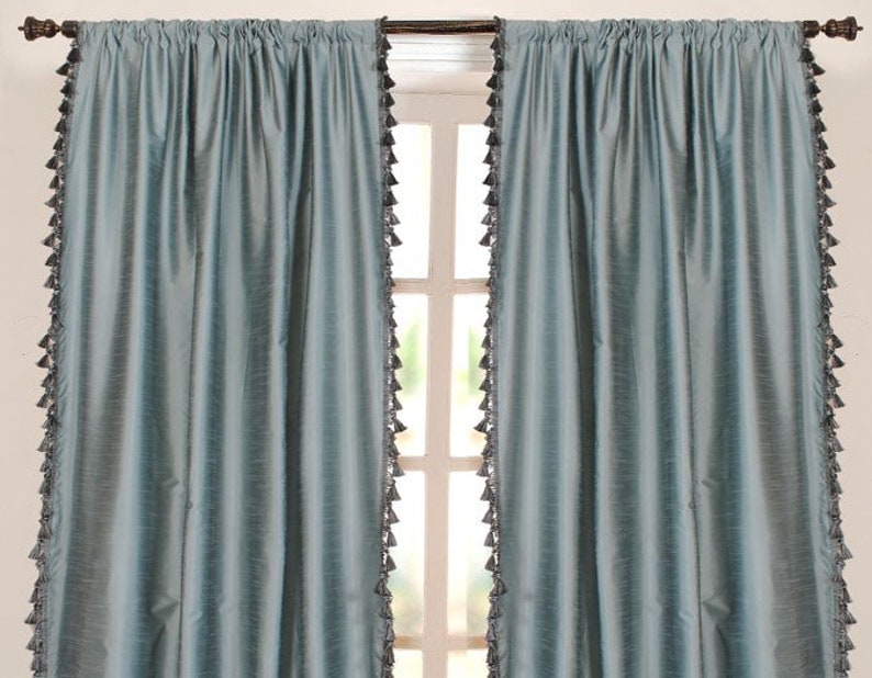 Porcelain Blue Dupioni Silk Curtain With Gold Medley Tassel Etsy