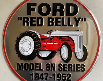 Vintage Ford Red Belly 12" Round Tractor Sign - Man Cave Garage Art