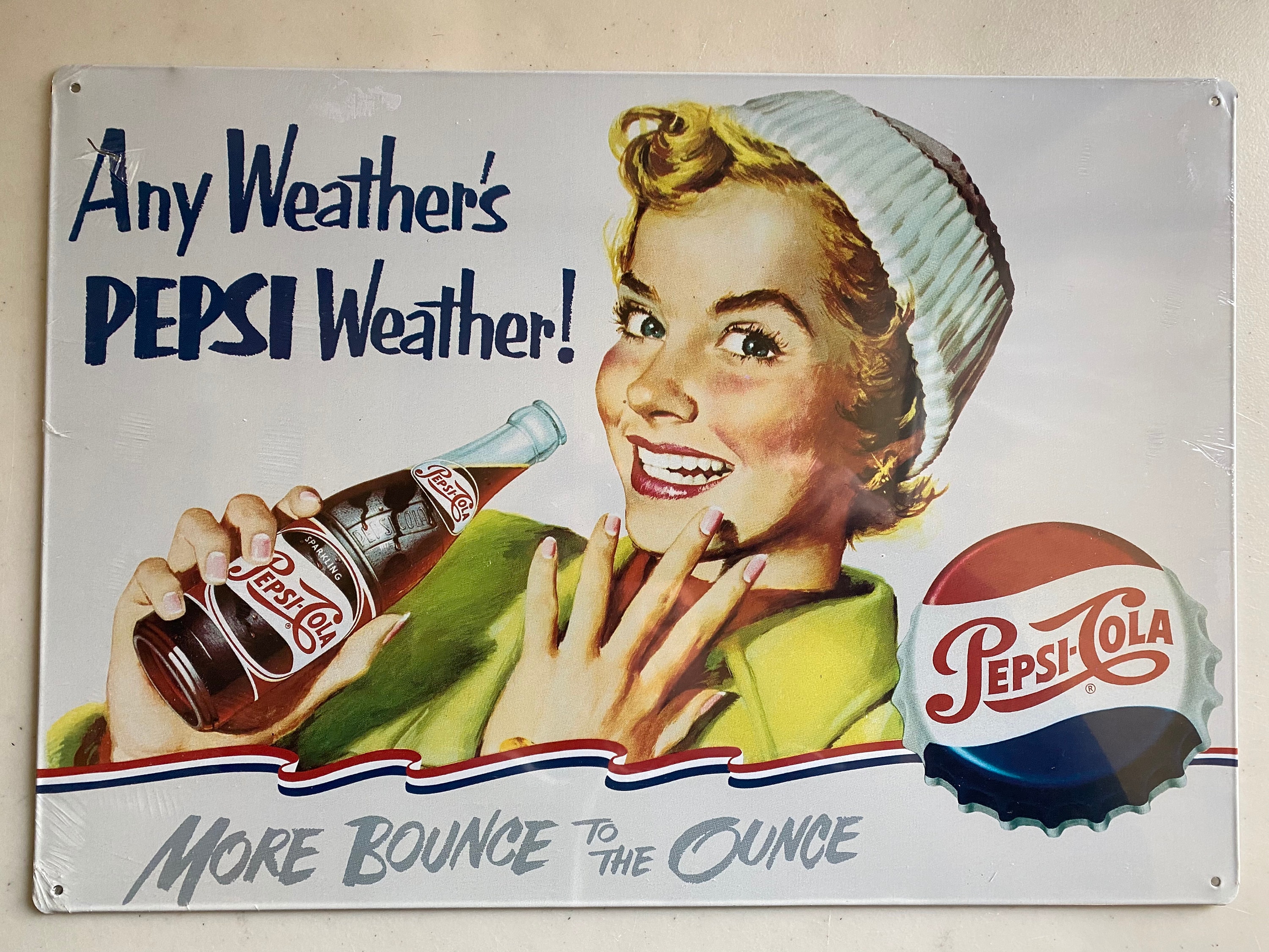 Any Weather's Pepsi Weather Vintage Tin Sign - Man Cave Garage Art