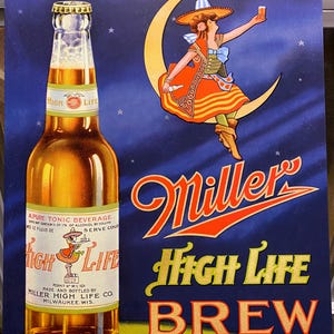 Miller High Life Brew - Plaque métallique rétro - Art garage homme des cavernes