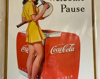 Coca Cola Girl Welcome Pause - Vintage Tin Sign - Man Cave Garage Art