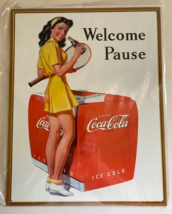 Coca Cola Girl Welcome Pause - Vintage Tin Sign - Man Cave Garage