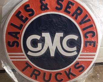 Huge 24” GMC Trucks Sales & Service Sign - Garage Vintage Tin Sign - Man Cave Garage Art