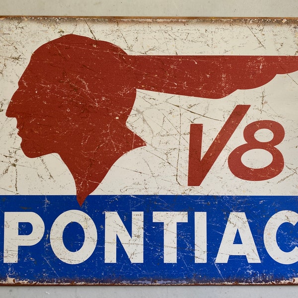 Pontiac V-8 Head Tin Sign - Man Cave Garage Art