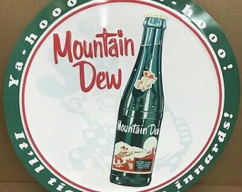 Huge 24” Mountain Dew Soda Pop Sign - Garage Vintage Tin Sign - Man Cave Garage Art