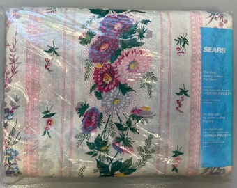 Vintage Sears Queen Flat Top Sheet, Pink Floral Sheet, New in package