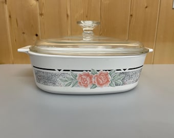Vintage Corning Ware Casserole Dish: Silk Roses Pattern, 2 Liter with Pyrex Lid