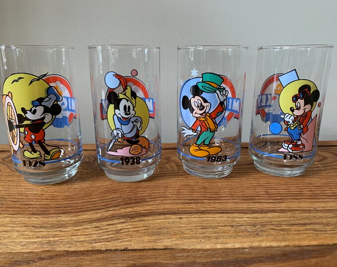 Vintage Set Walt Disney Drinking Glasses, Mickey Mouse Glasses, 60th
