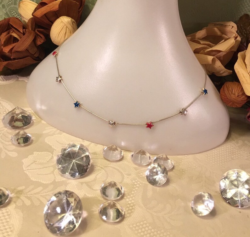 Vintage American spirit sterling silver red white and blue star necklace Fourth of July puffy star collarbone usa America flag 925 17 inches