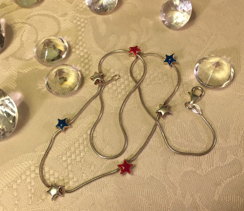 Vintage American spirit sterling silver red white and blue star necklace Fourth of July puffy star collarbone usa America flag 925 17 inches