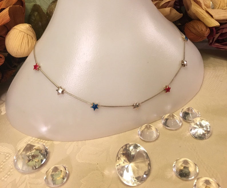 Vintage American spirit sterling silver red white and blue star necklace Fourth of July puffy star collarbone usa America flag 925 17 inches