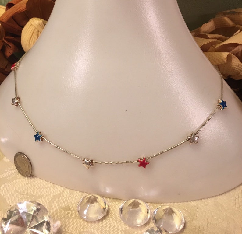 Vintage American spirit sterling silver red white and blue star necklace Fourth of July puffy star collarbone usa America flag 925 17 inches