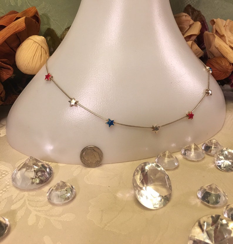 Vintage American spirit sterling silver red white and blue star necklace Fourth of July puffy star collarbone usa America flag 925 17 inches