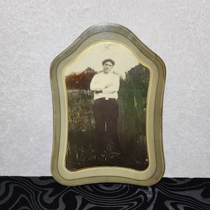 Antique Celluloid photo of a gentleman standing in a field. Tombstone shaped!