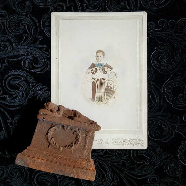 Huge Victorian era Antique cabinet card photo of a little boy standing on a wicker chair. Hand tinted coloring. Detroit Michigan