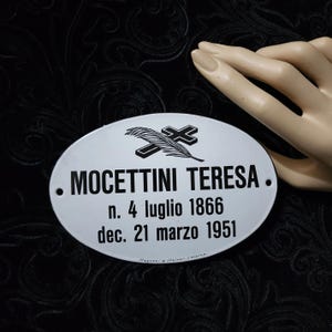 Beautiful, old french antique burial marker or memorial plaque. Died 1951. Cast iron and enamel plate.