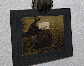 Antique cabinet card photo of a woman visting her Mother's grave. Cemetery. Headstone. Haunting! Identified.