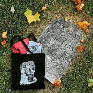A Weeping widow antiques & oddites TOTE BAG! Logo of a Widow weeping at grave.