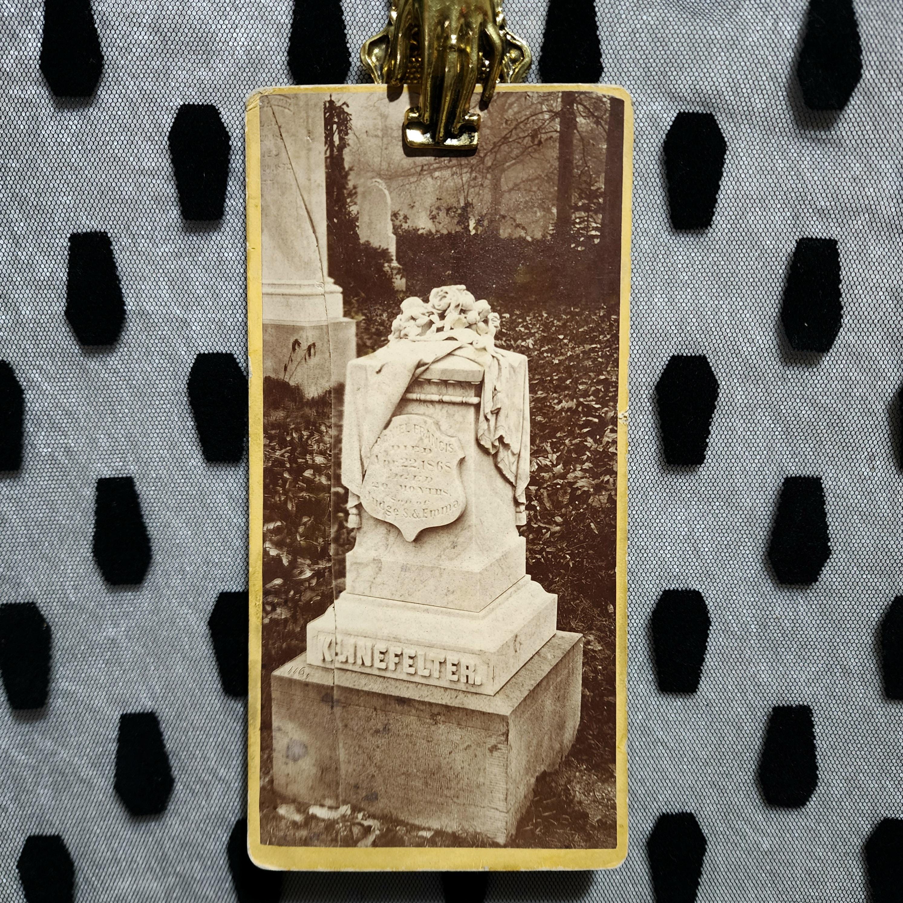 Antique cabinet card photo of a headstone. Baby died 1886. St. Louis Missouri. Cemetery. Tombstone. Victorian era. haunting!