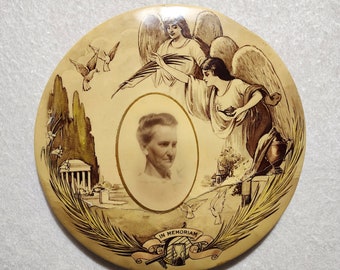 Very rare! Antique Celluloid and tin memorial photo of a woman with angels leaning over her. In memoriam. Victorian mourning