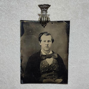 Large whole plate antique tintype photo. A handsome Victorian era young man. civil war. Haunting.
