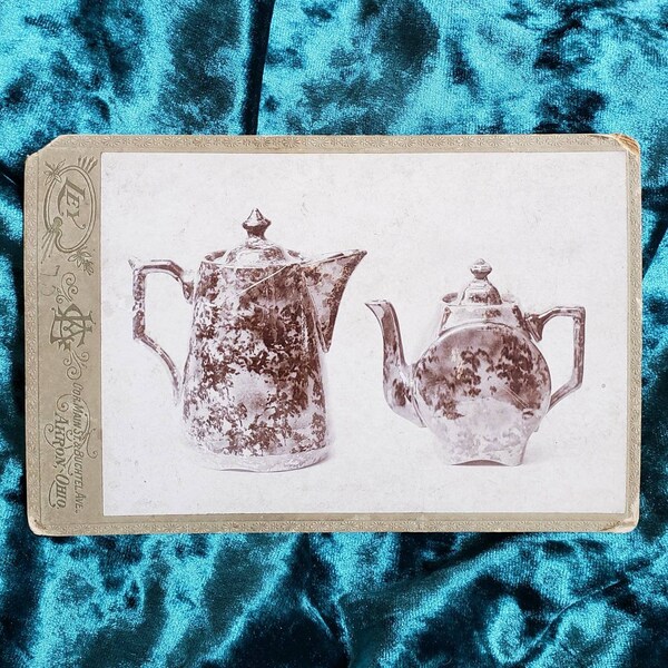 Still life cabinet card photo coffee pot and tea pot unusual and rare antique Akron, Ohio. Ley photographer