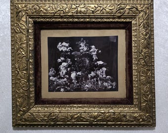 Antique Victorian  memorial photo. Funeral flowers, casket plaque and photo of a deceased boy. Original Frame. Mourning.