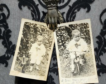 RARE! Antique real picture postcard set of 2. Adorable black child and tricycle. 1900s-1910s.