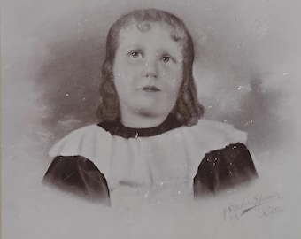 A Beautiful victorian mourning era cabinet card photo of a charcoal portrait of a little girl who is identified. Haunting picture! Memorial.