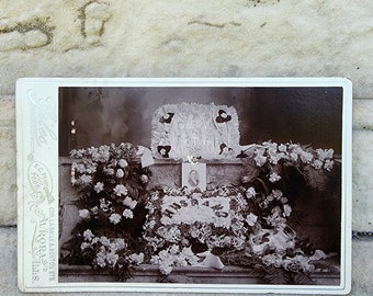 Rare, victorian mourning, cabinet card for DEAR FATHER and Husband. Floral arrangements line a casket.